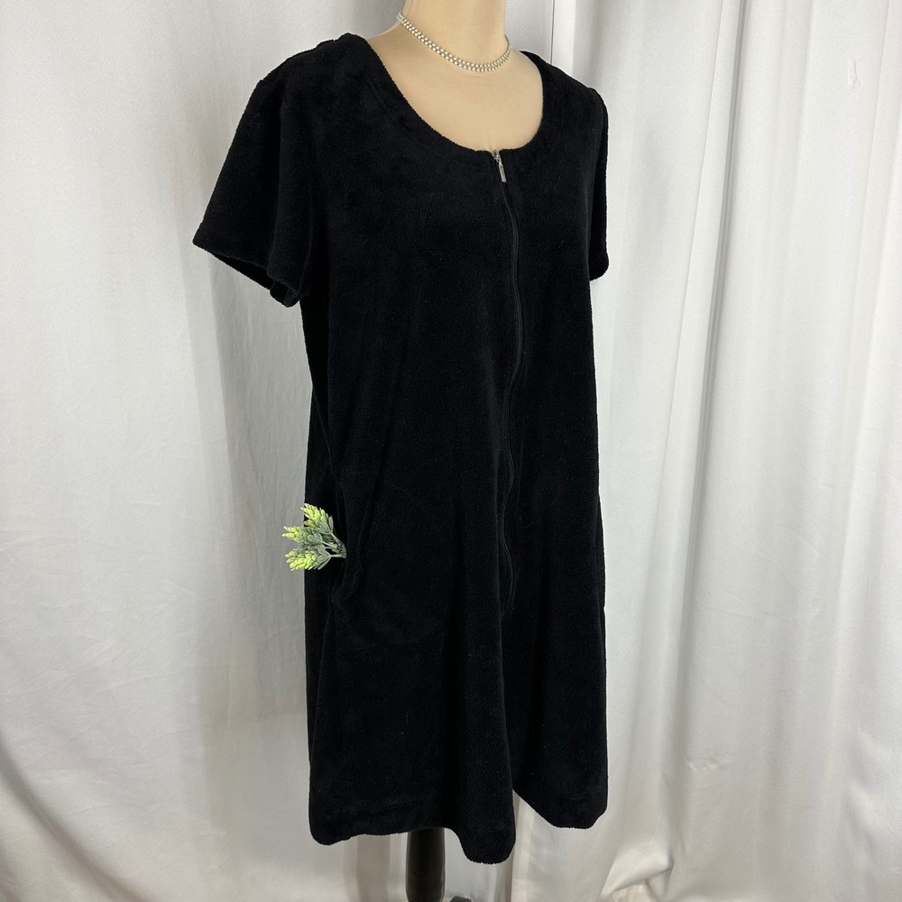 Miss Elaine Relax Black Zip Front Terry Cloth Lounge Dress Robe Size S
